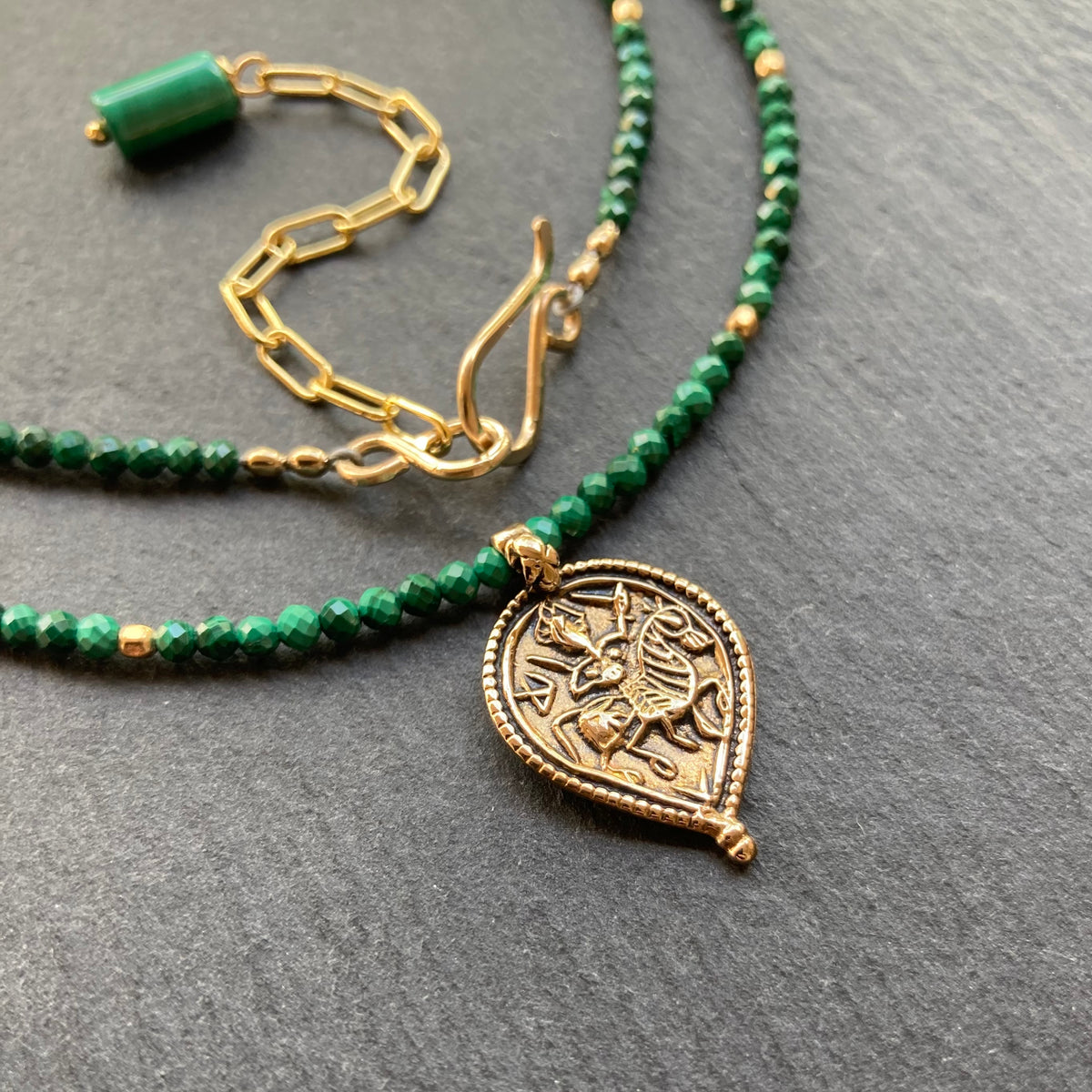 Malachite, Gold & Bronze Medieval Warrior Pendant Necklace