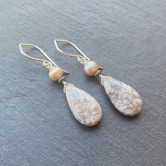 Fossil Coral, Mauve Pearl & Sterling Silver Earrings