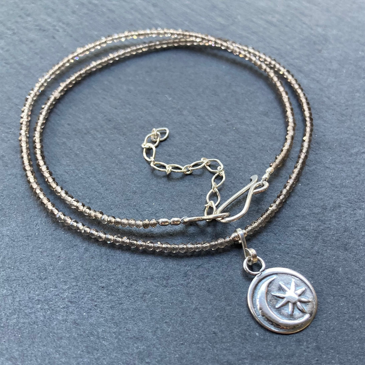 Smoky Quartz & Sterling Silver Sun Moon Pendant Choker