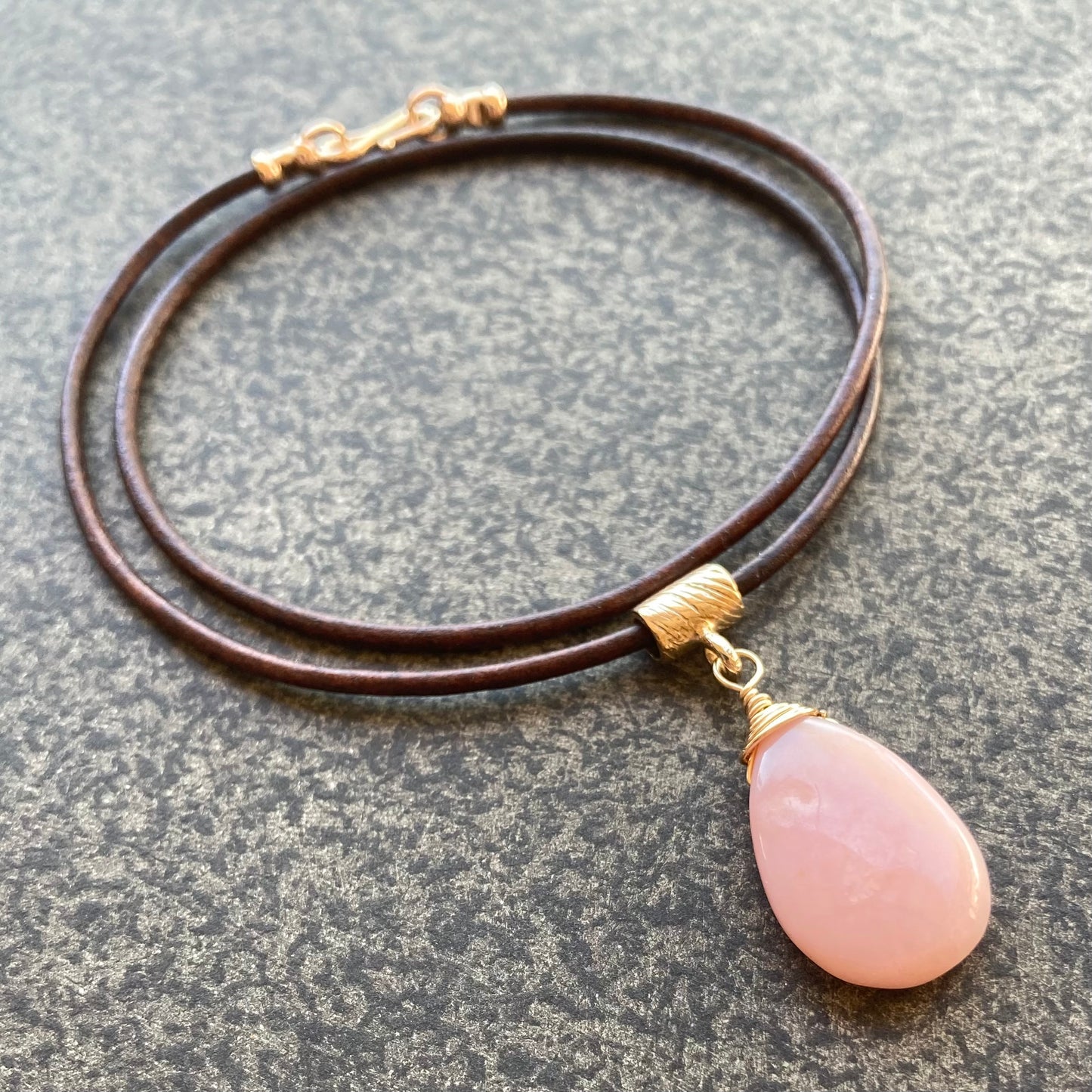 Pink Peruvian Opal & Bronze Leather Choker