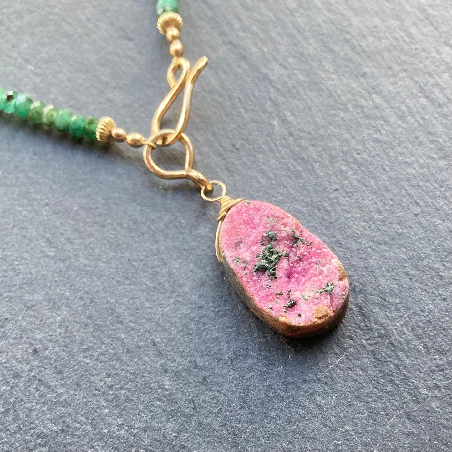 Natural Emerald, Cobalto Calcite & Gold Necklace