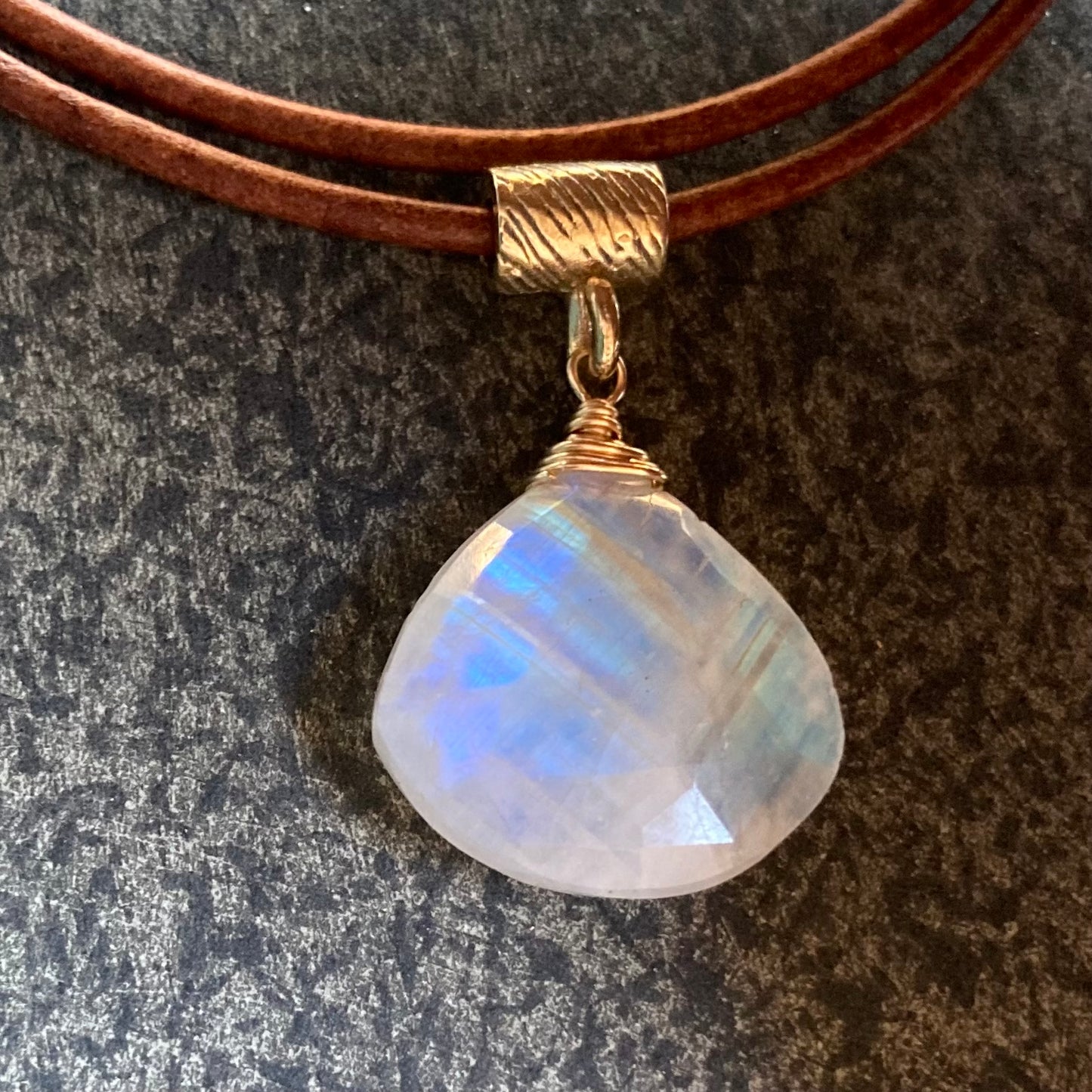 Rainbow Moonstone & Bronze Leather Choker