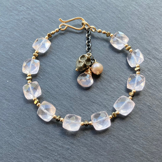 Rose Quartz, Pyrite & Mixed Metal Calavera Charm Bracelet
