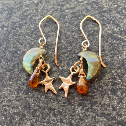 Labradorite, Orange Kyanite & Mixed Metal Moon Drops Earrings