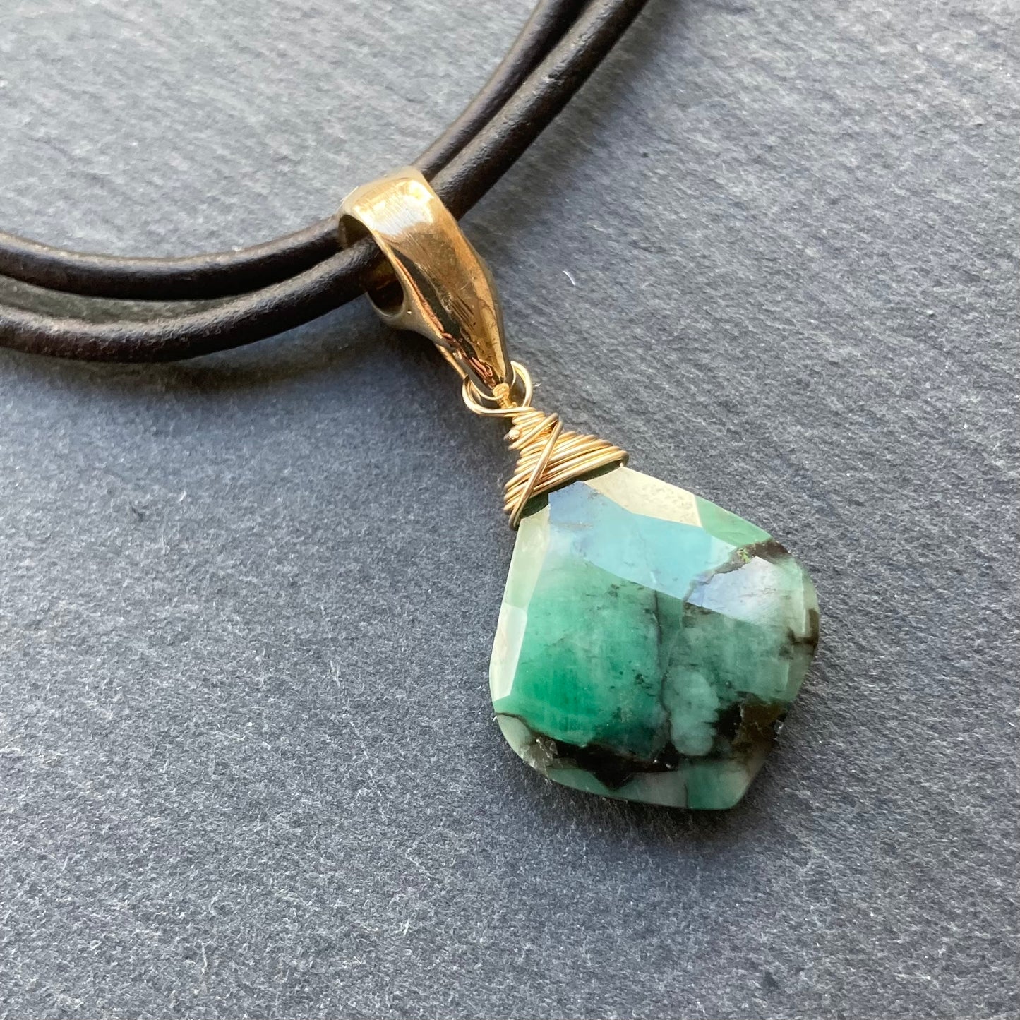 Natural Emerald & Bronze Leather Choker