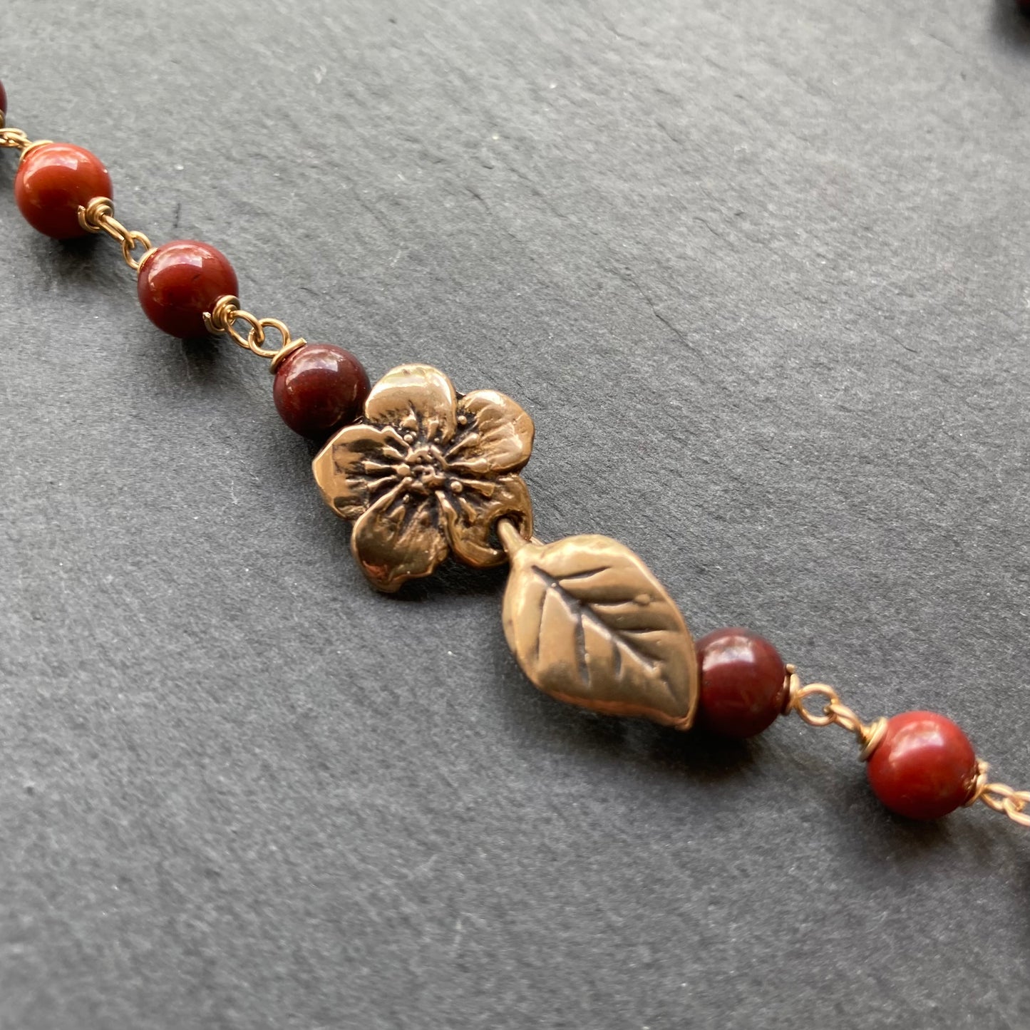 Red Jasper, Gold & Bronze Floral Clasp Necklace