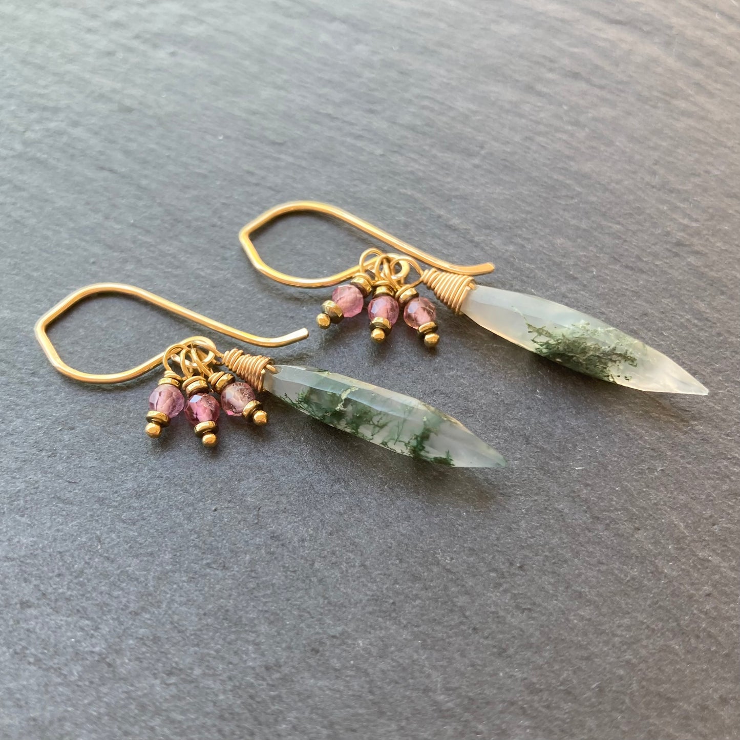 Moss Agate, Pink Tourmaline & Gold Marquis Earrings