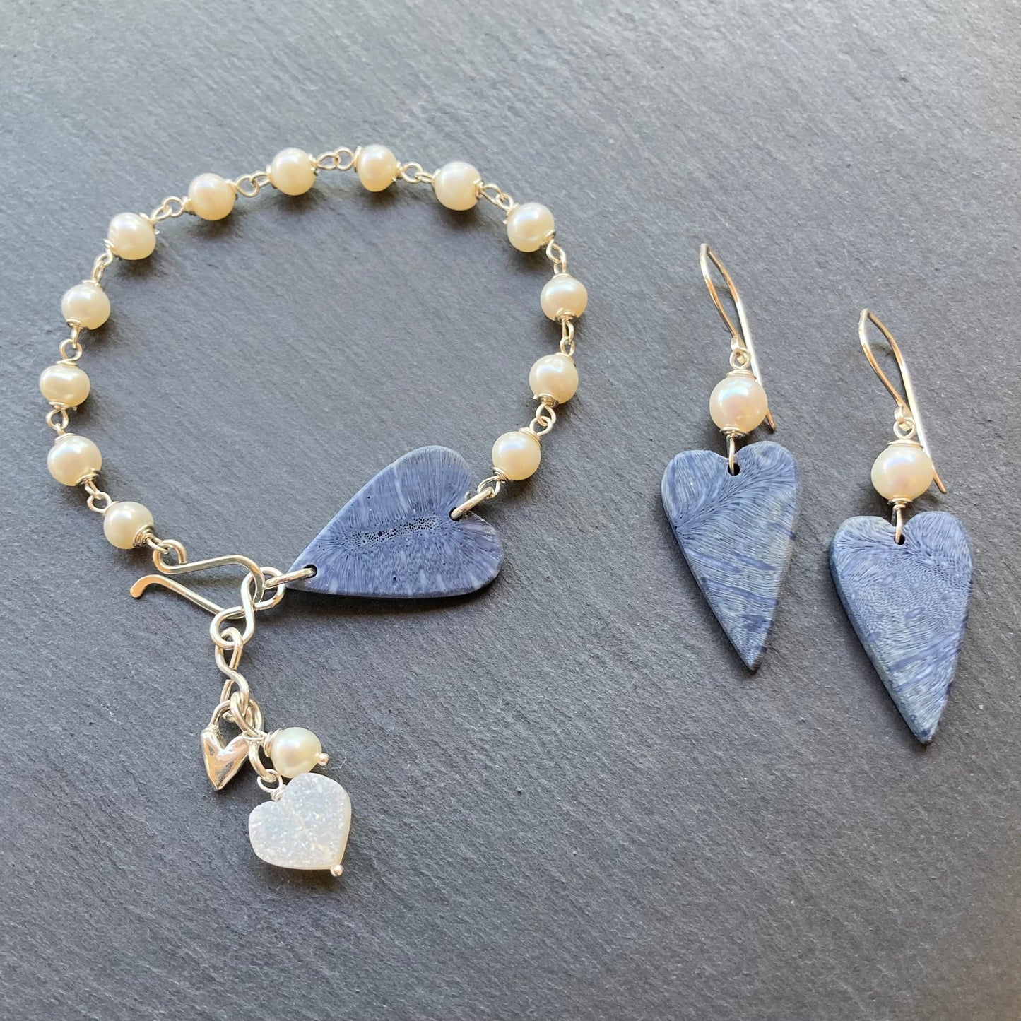 Freshwater Pearl, Sterling Silver & Blue Coral Heart Earrings
