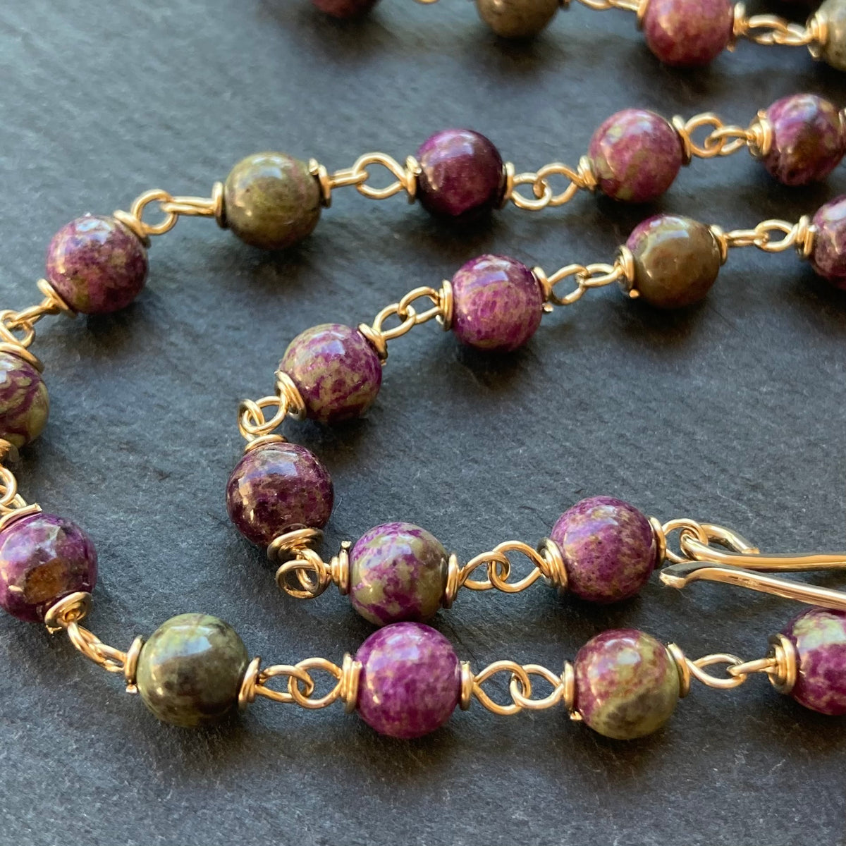Atlantisite Stichtite, Gold & Bronze Dragonfly Lily Pendant Necklace