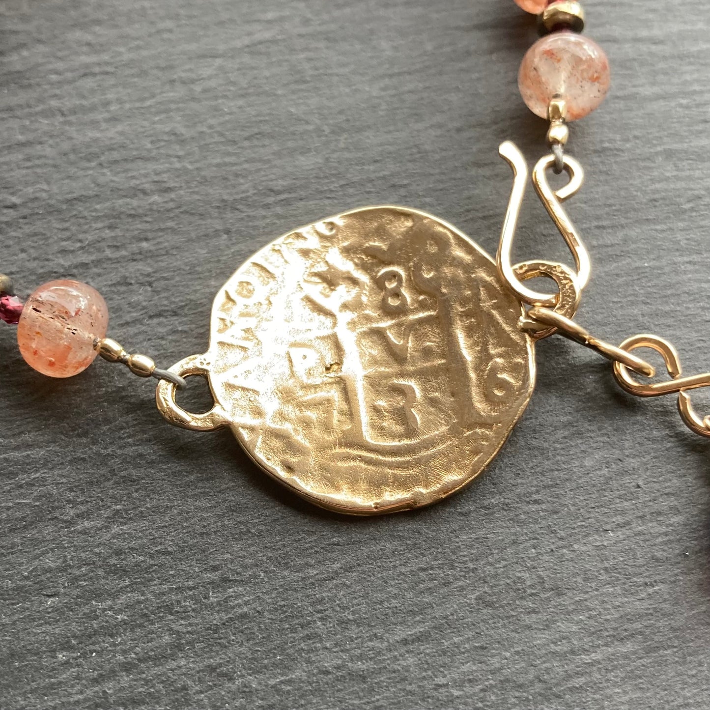 Strawberry Quartz & Bronze Spanish Coin Bracelet