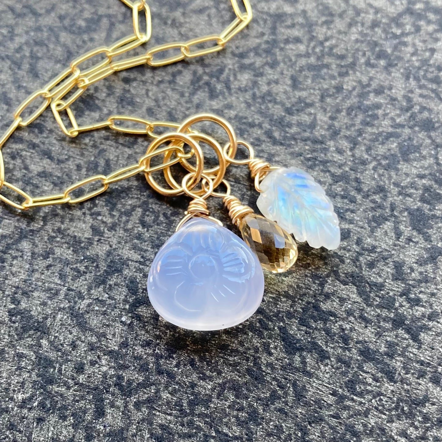 Blue Chalcedony, Rainbow Moonstone, Citrine & Gold Charm Necklace