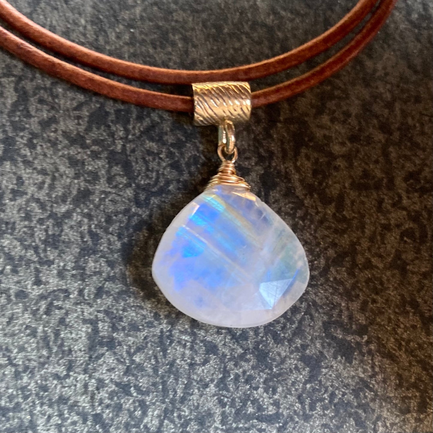 Rainbow Moonstone & Bronze Leather Choker