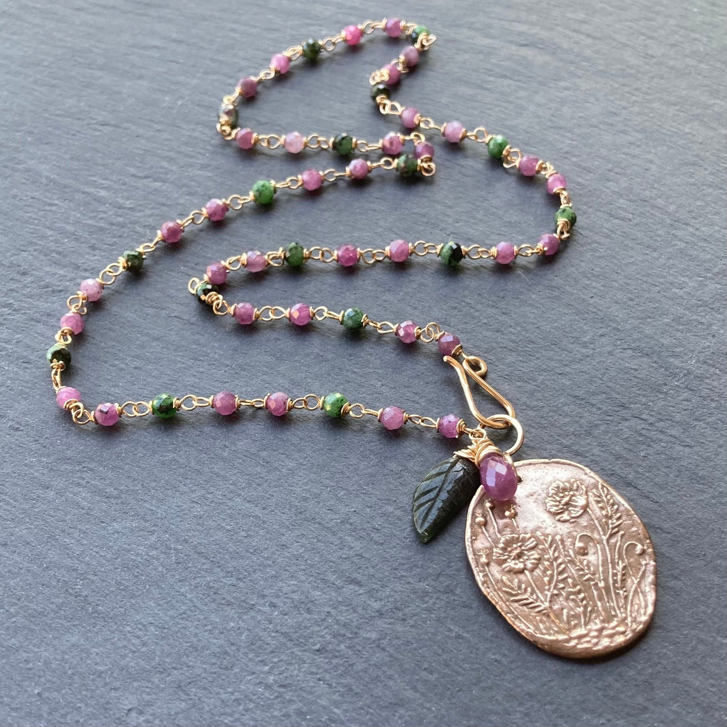 Ruby Zoisite, Gold & Bronze Poppy Garden Pendant Necklace