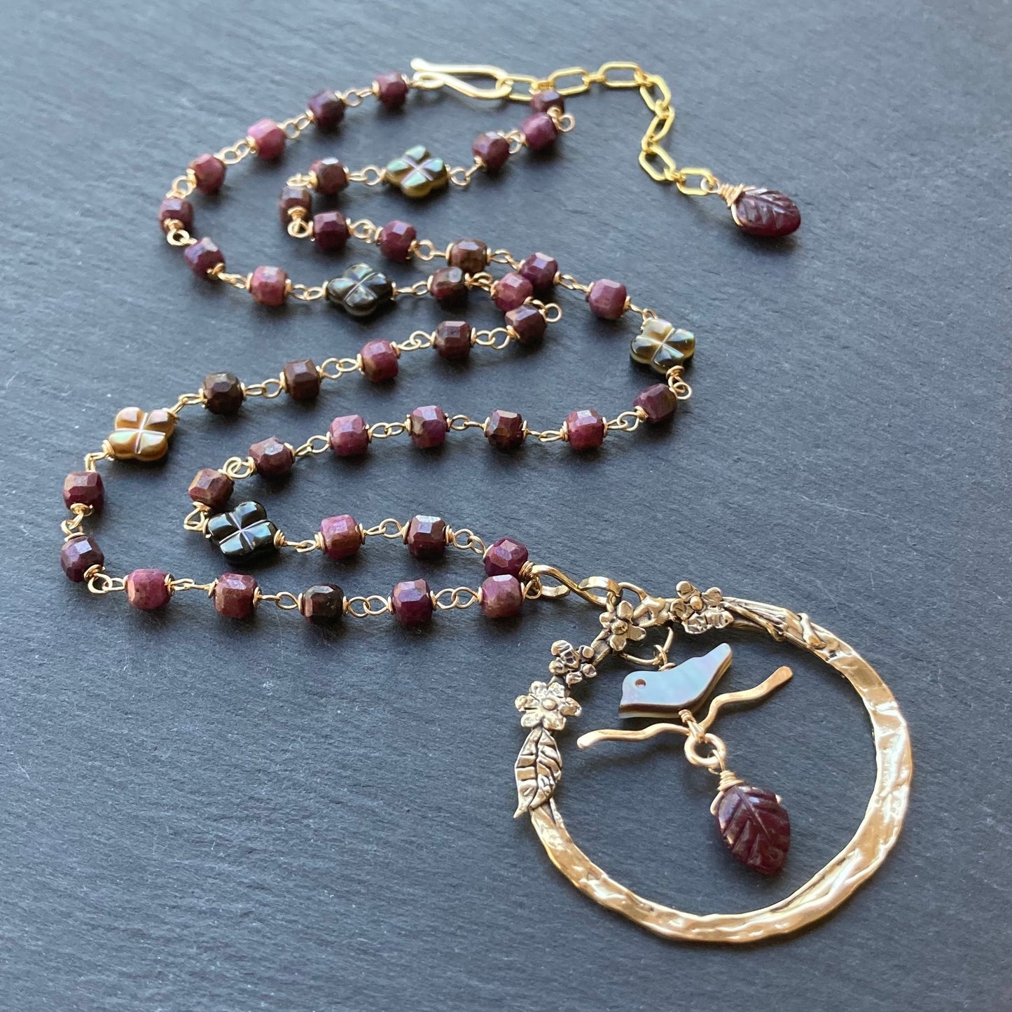 Natural Ruby, Black Mother of Pearl, Gold & Bronze Blossoming Plum Pendant Necklace