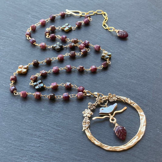 Natural Ruby, Black Mother of Pearl, Gold & Bronze Blossoming Plum Pendant Necklace