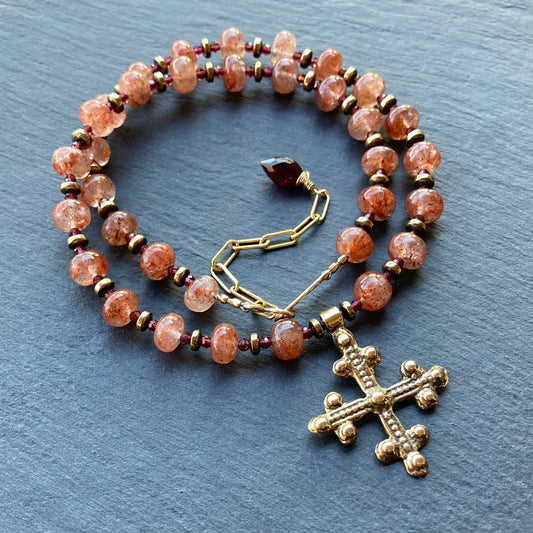 Strawberry Quartz, Garnet & Bronze Coptic Cross Necklace