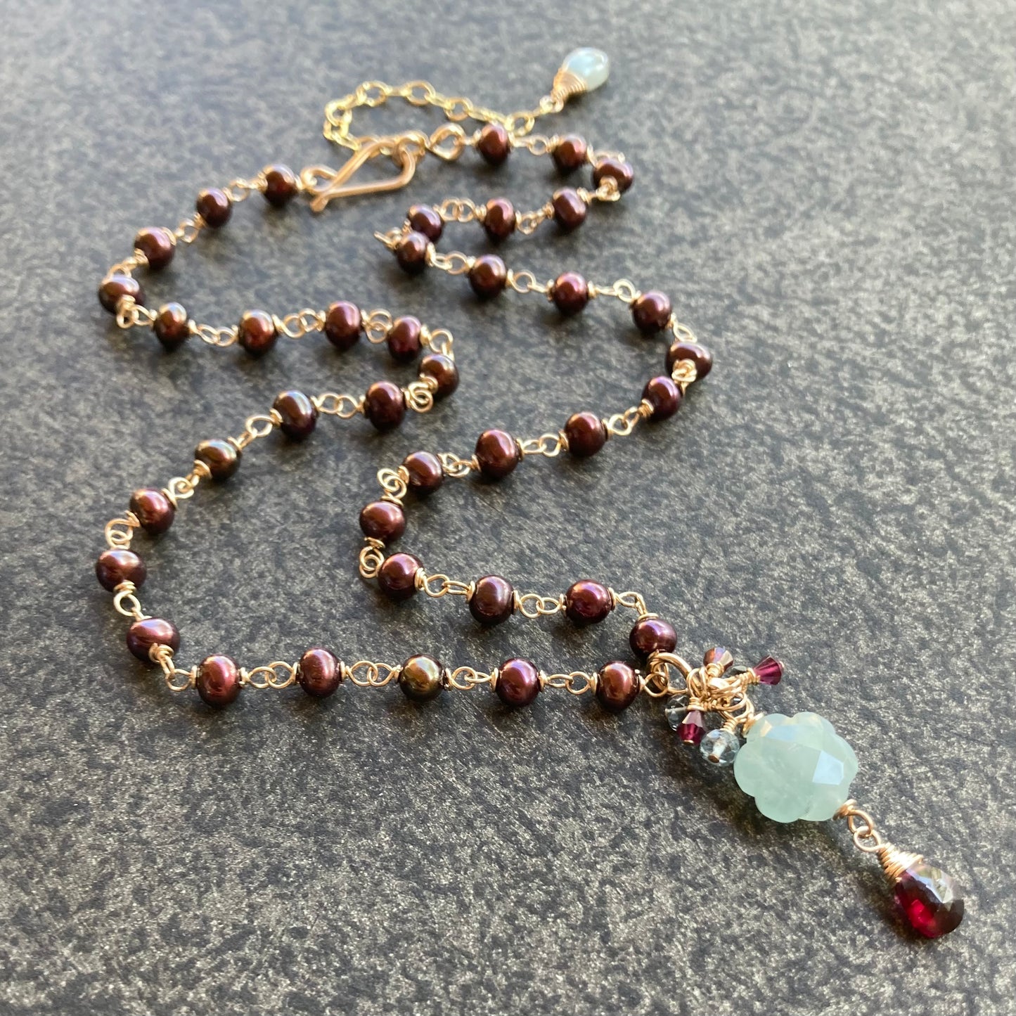 Aquamarine, Cranberry Freshwater Pearl, Rhodolite Garnet & Gold Flower Drop Pendant Necklace