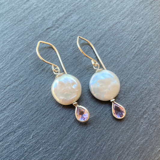 Freshwater Coin Pearl, Amethyst & Sterling Silver Earrings