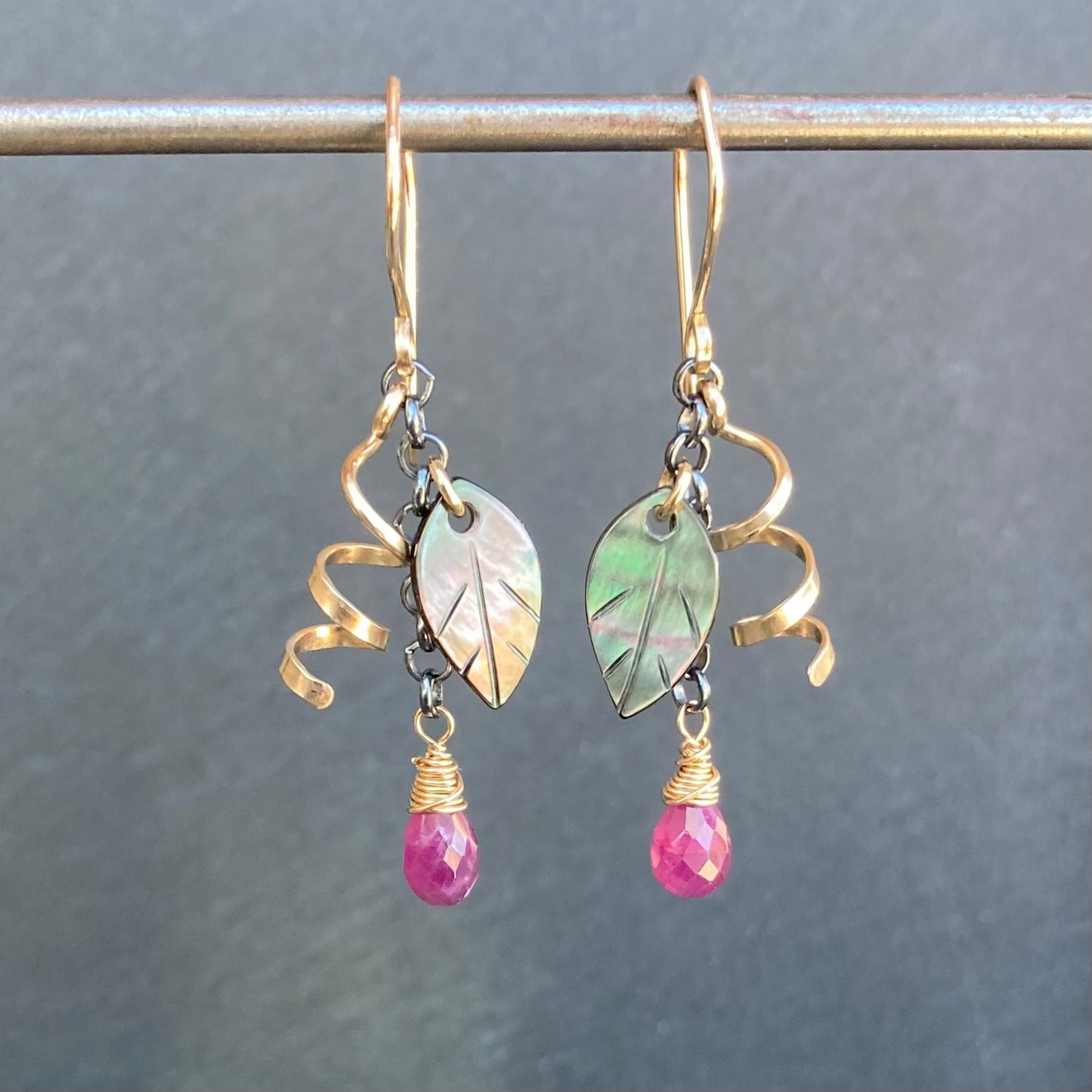 Black Mother of Pearl, Ruby & Mixed Metal Earrings