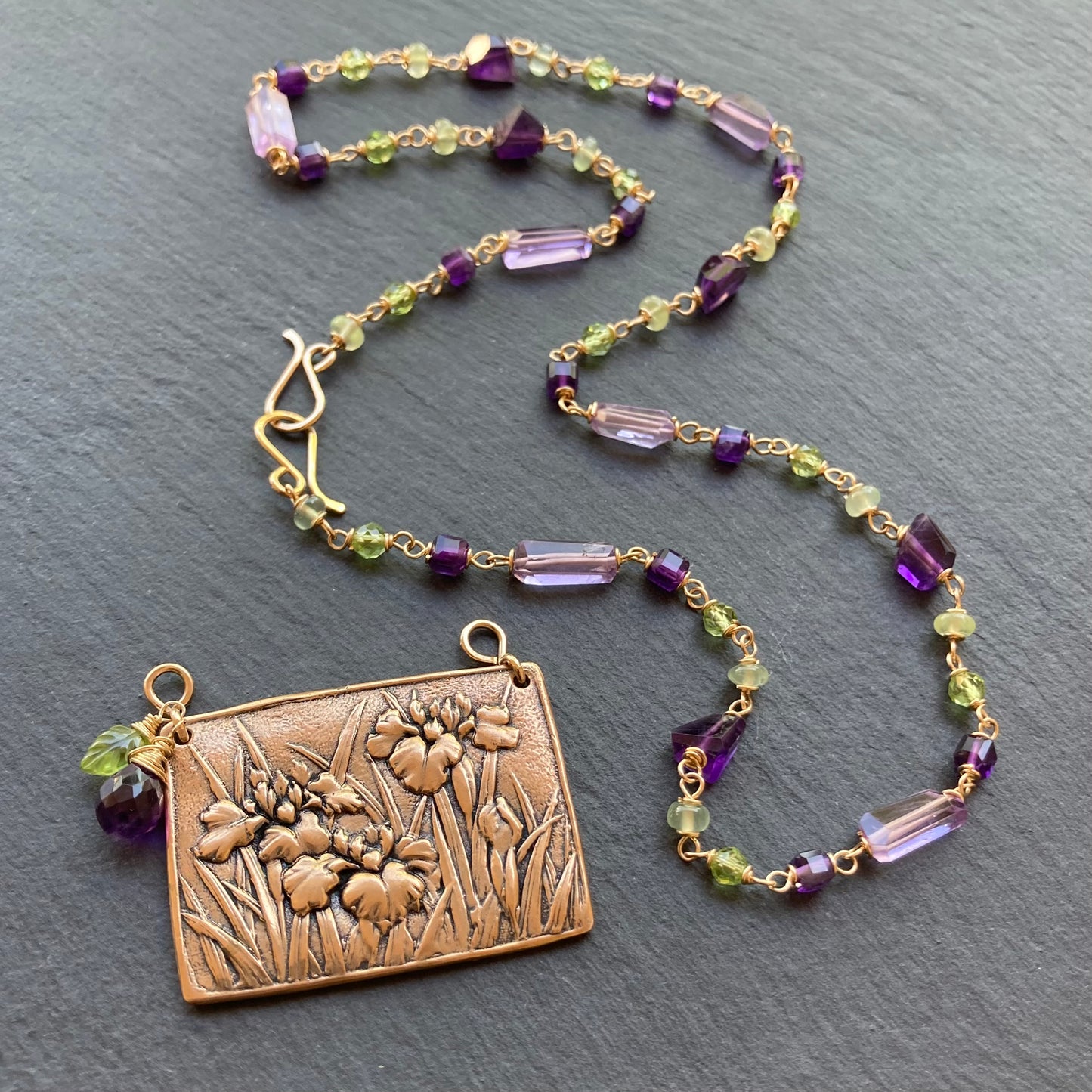 Amethyst, Peridot, Gold & Bronze Iris Pendant Necklace