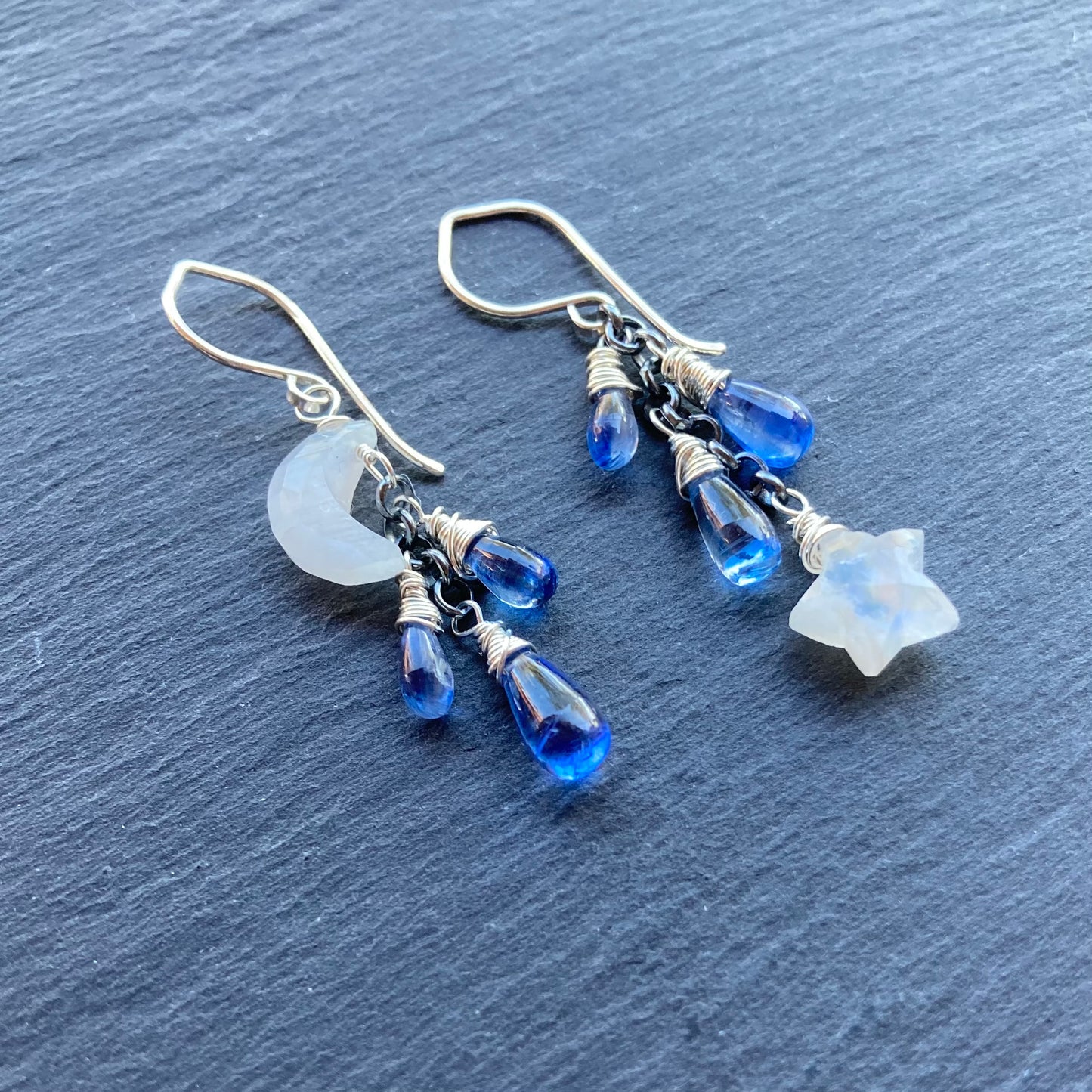 Rainbow Moonstone, Blue Kyanite & Sterling Silver Winter Solstice Earrings