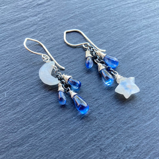 Rainbow Moonstone, Blue Kyanite & Sterling Silver Winter Solstice Earrings