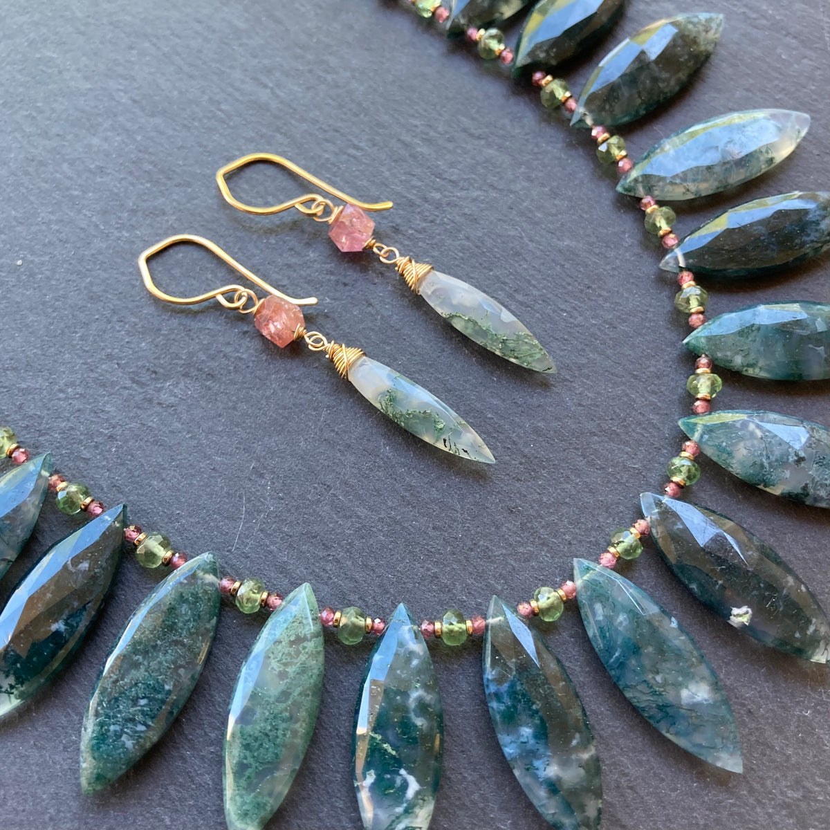 Moss Agate, Pink Tourmaline & Gold Marquis Earrings
