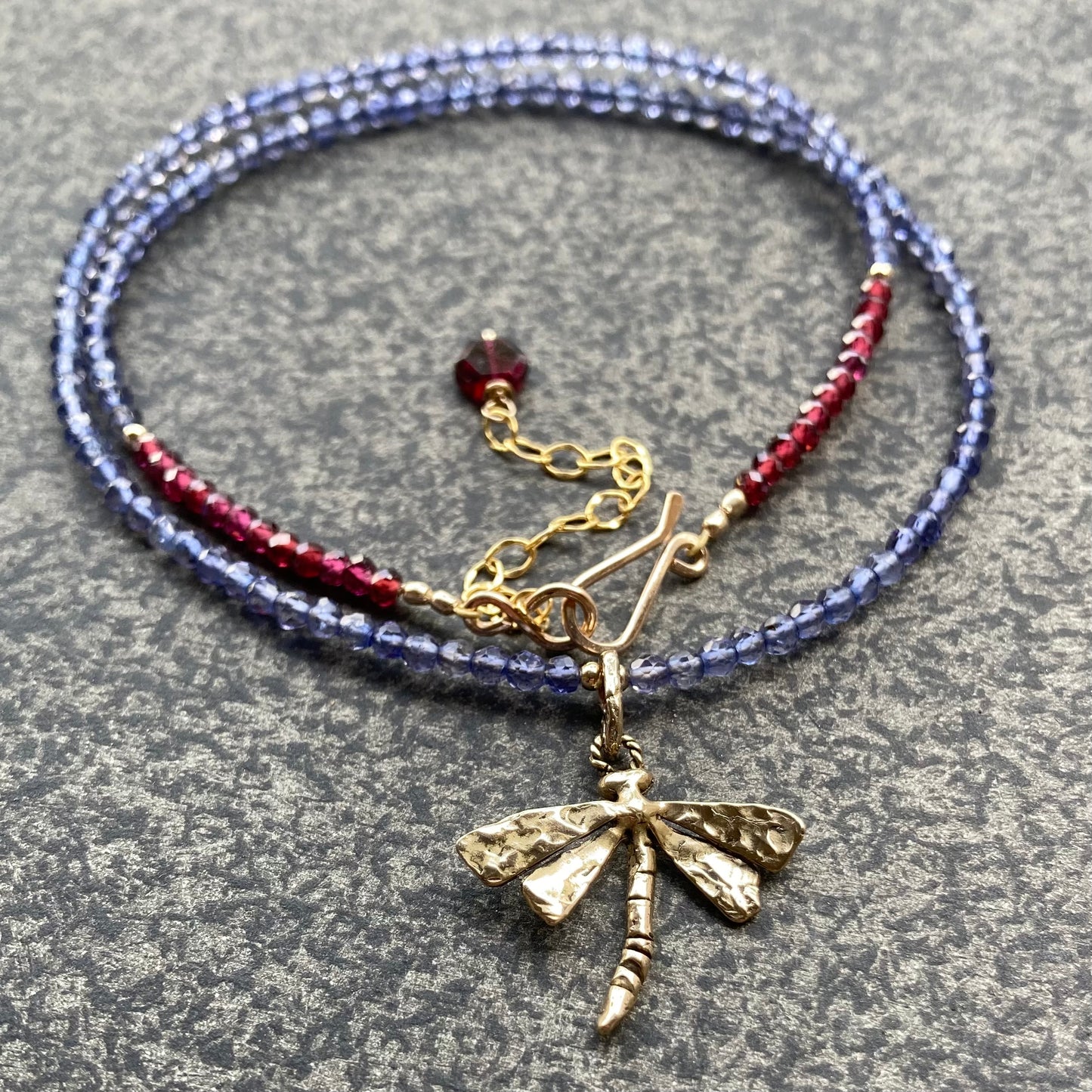 Iolite, Rhodolite Garnet & Bronze Dragonfly Pendant Choker