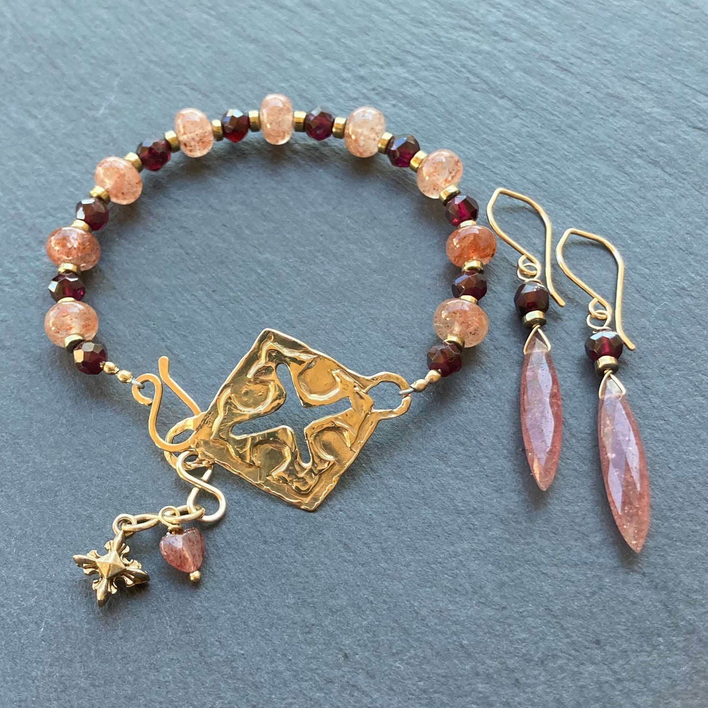 Strawberry Quartz & Bronze Santa Fe Cross Bracelet