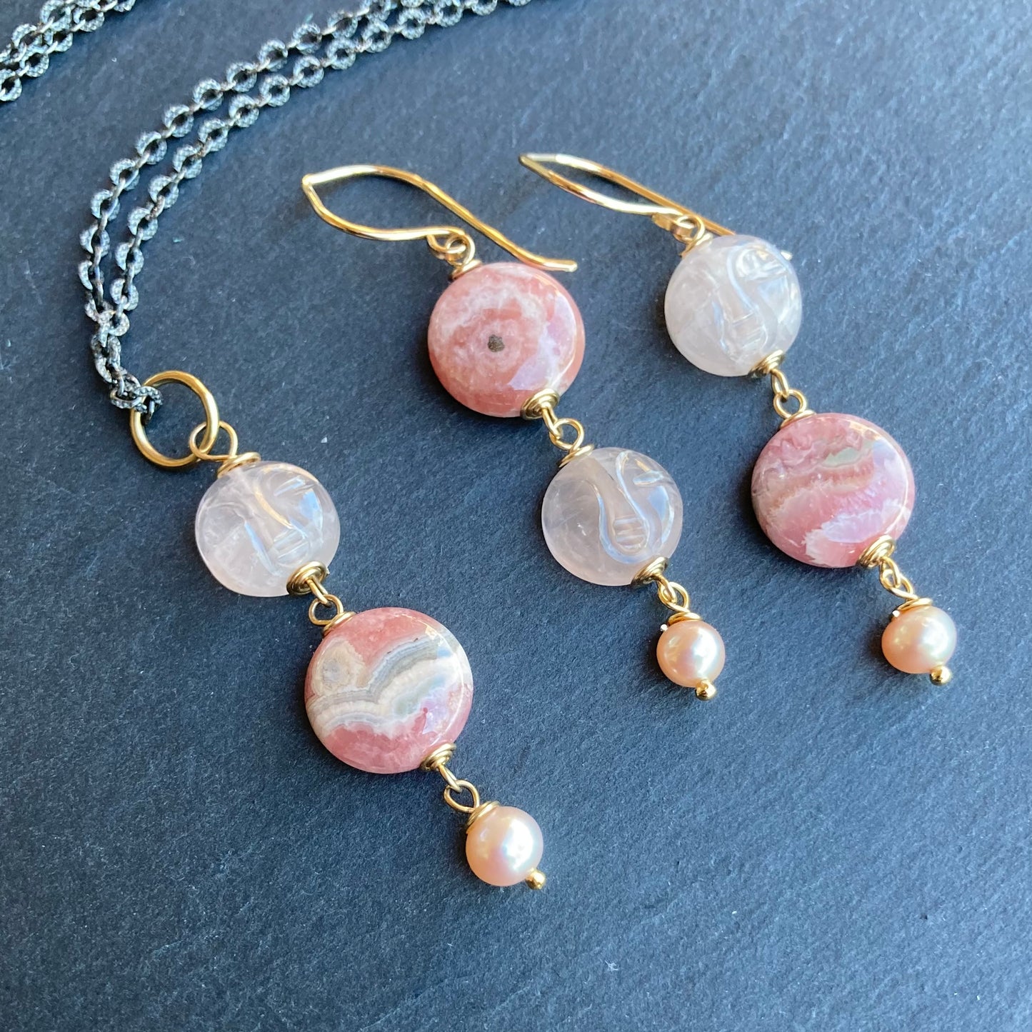 Rhodochrosite, Rose Quartz & Mixed Metal Pink Moon Rising Pendant Necklace