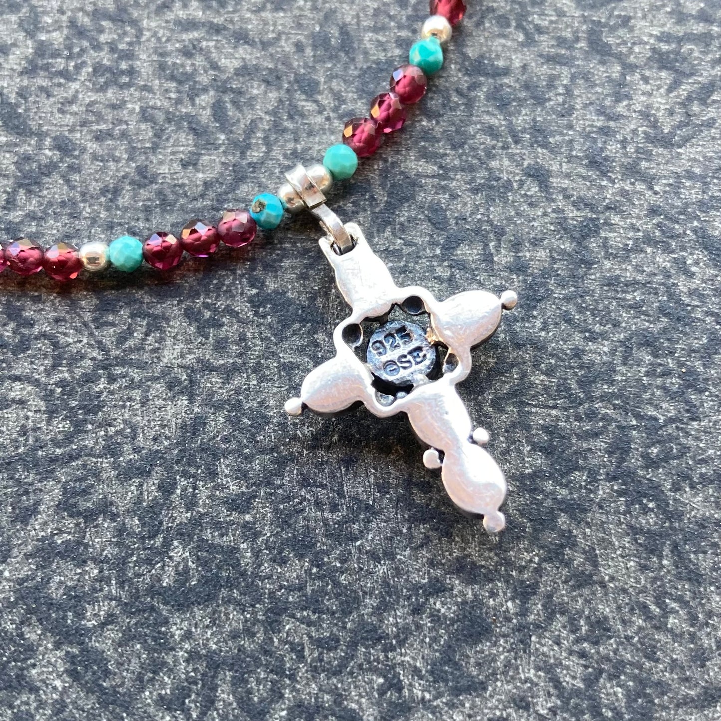 Arizona Turquoise, Mozambique Garnet & Sterling Silver Vintage Cross Necklace