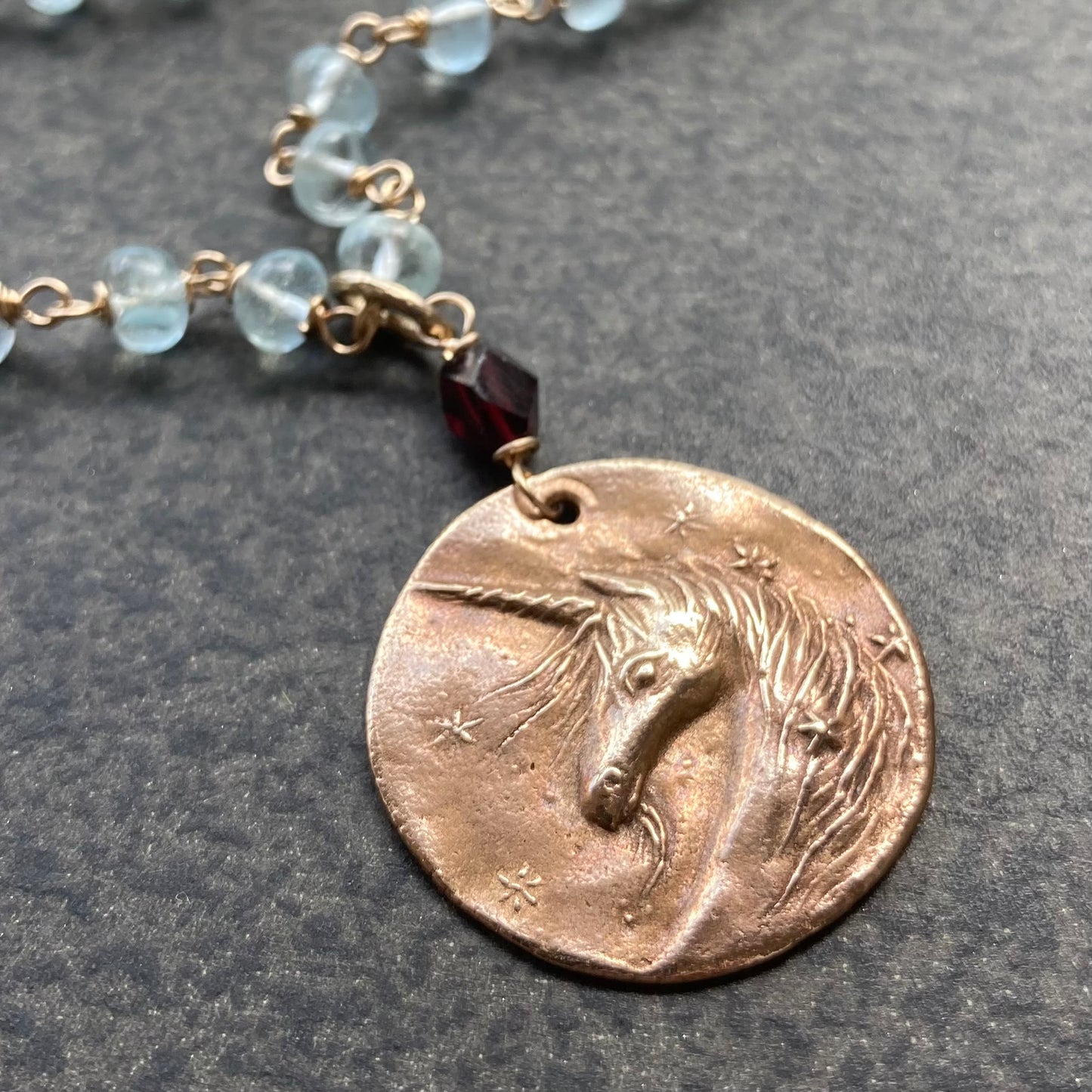 Aquamarine & Bronze Unicorn Coin Necklace