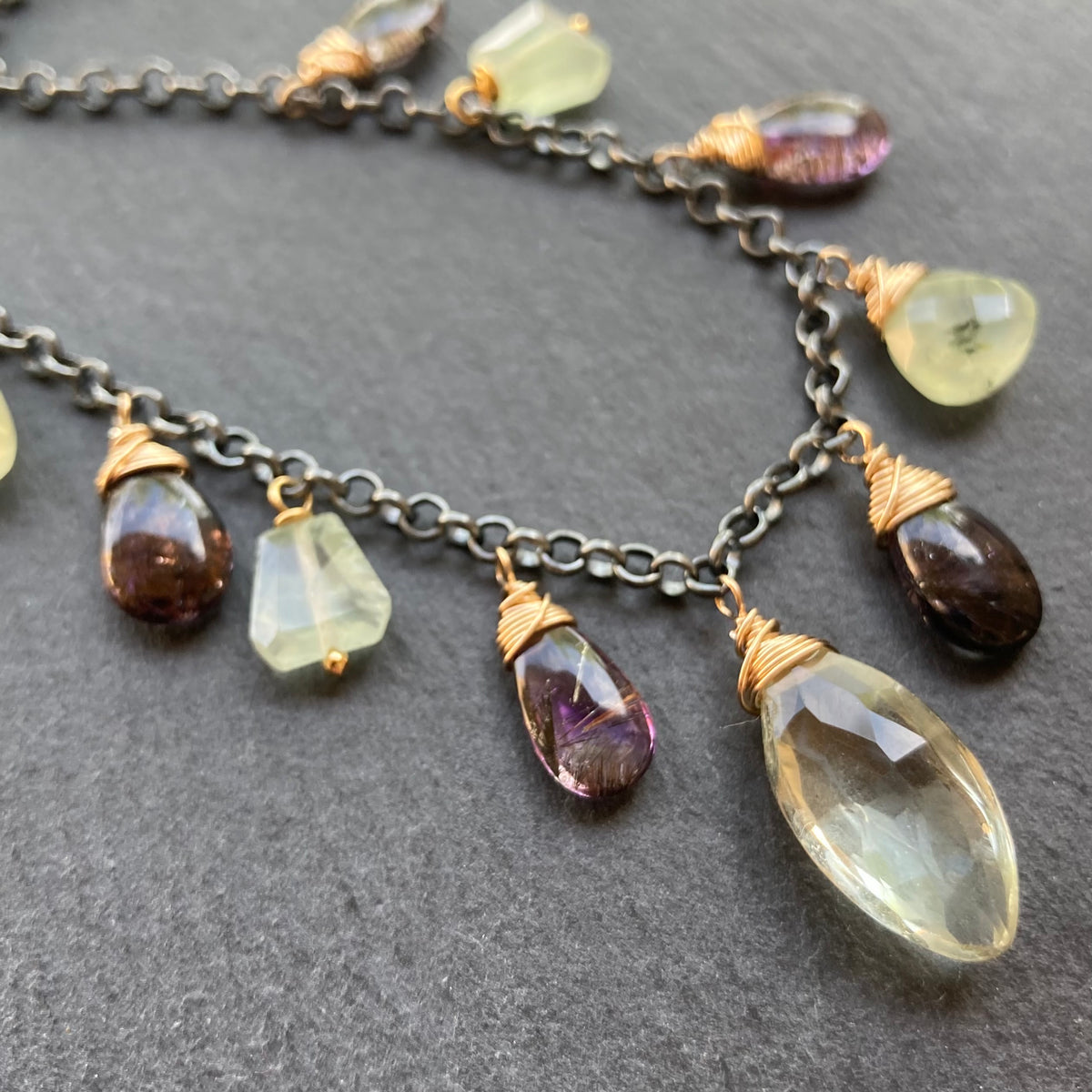 Moss Amethyst, Prehnite & Mixed Metal Charm Choker