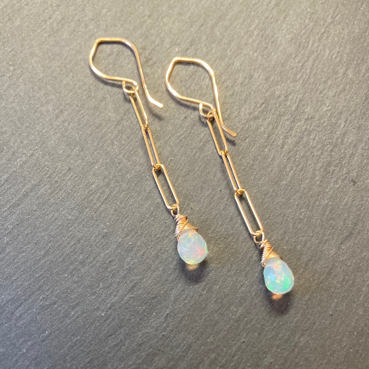 Ethiopian Opal & Gold Long Drop Earrings