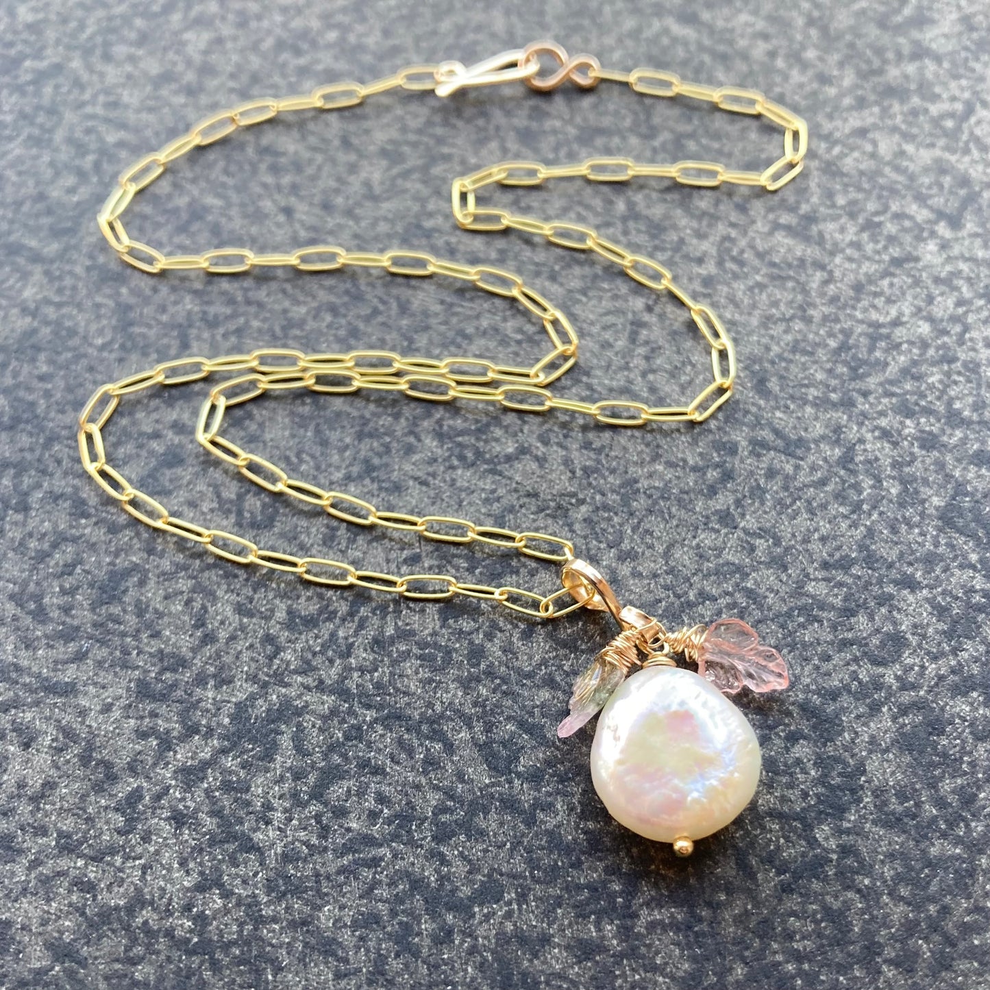 Freshwater Pearl, Watermelon Tourmaline & Gold Leaf Necklace