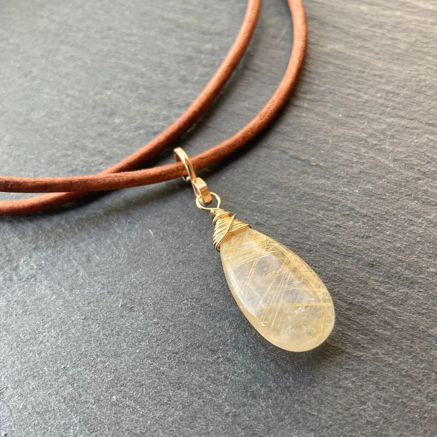 Golden Rutilated Quartz & Gold Leather Choker
