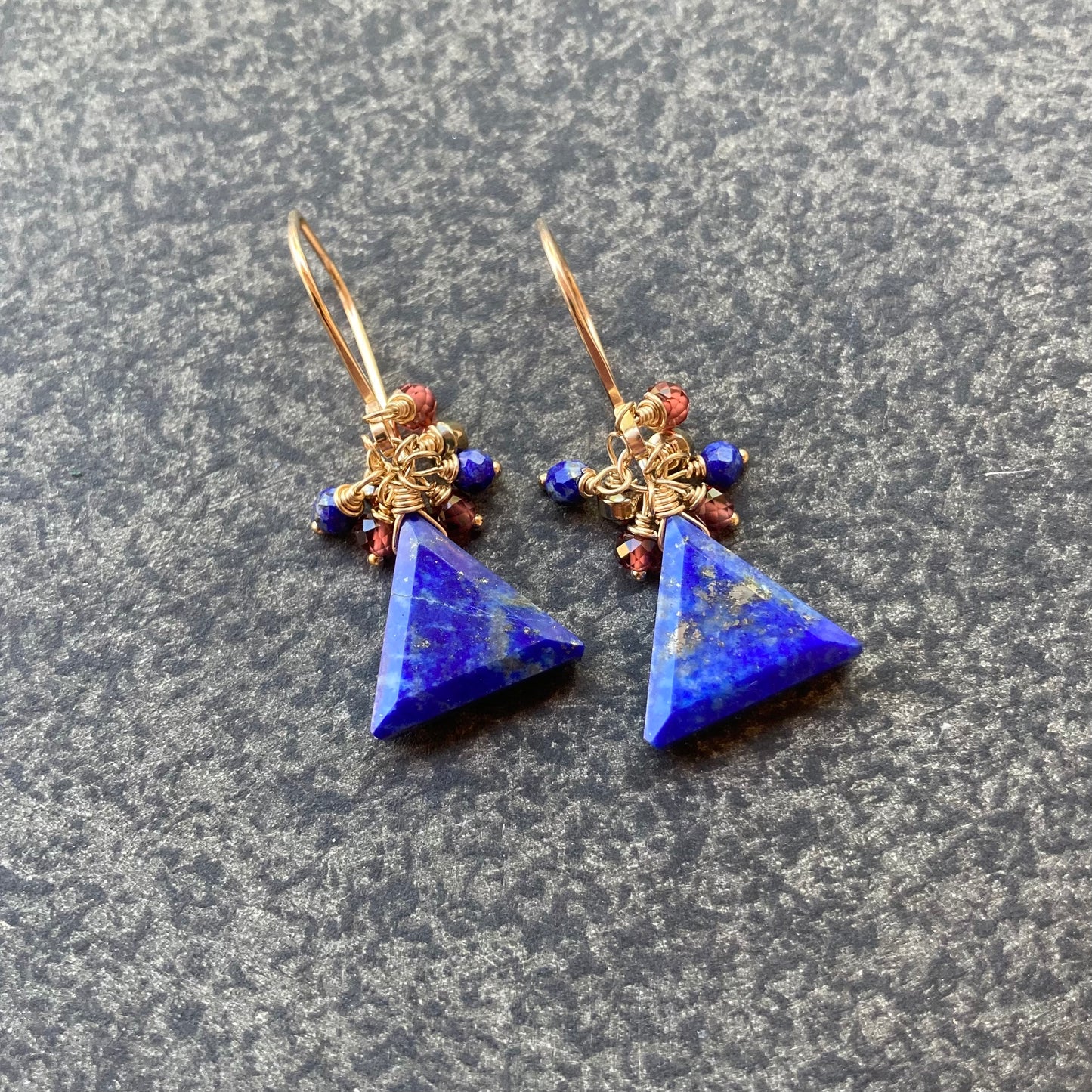 Lapis, Mozambique Garnet, Pyrite & Gold Triangle Cluster Earrings