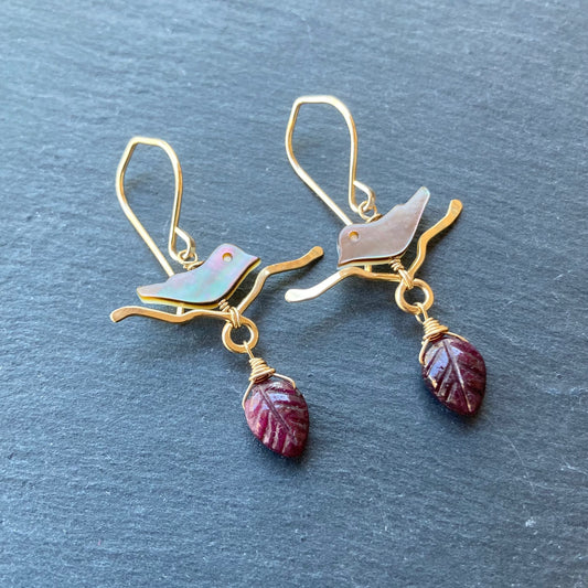 Natural Ruby, Black Mother of Pearl & Gold Plum Branch Earrings