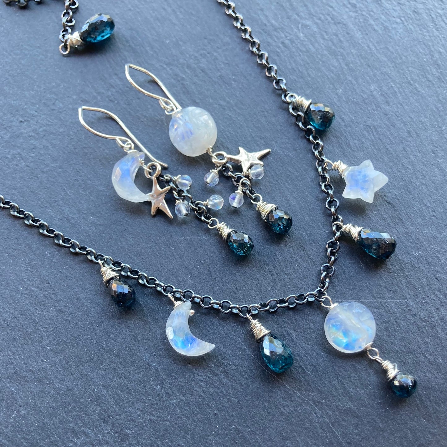 Rainbow Moonstone, Moss Kyanite & Sterling Silver Winter Solstice Earrings