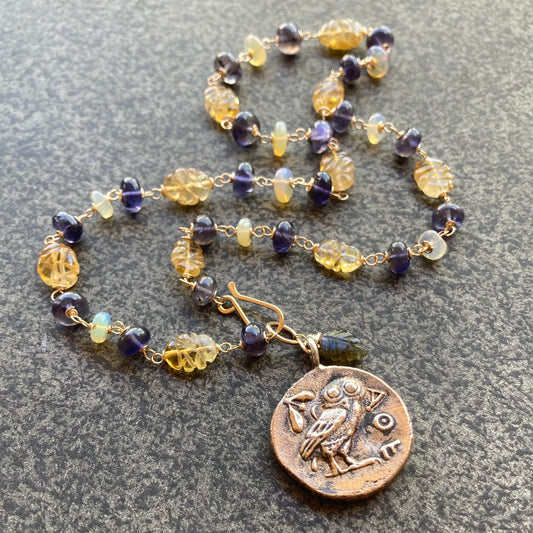 Iolite, Citrine, Opal & Mixed Metal Athenian Owl Coin Necklace
