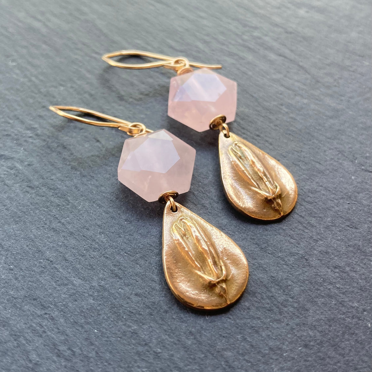 Rose Quartz, Gold & Bronze Earrings