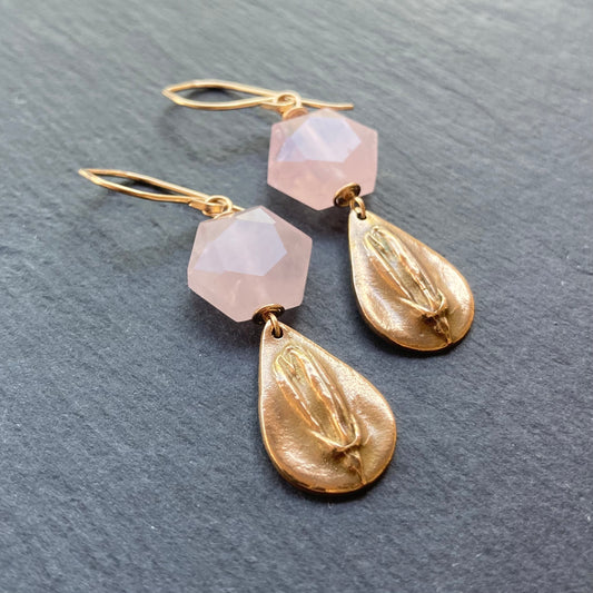 Rose Quartz, Gold & Bronze Earrings