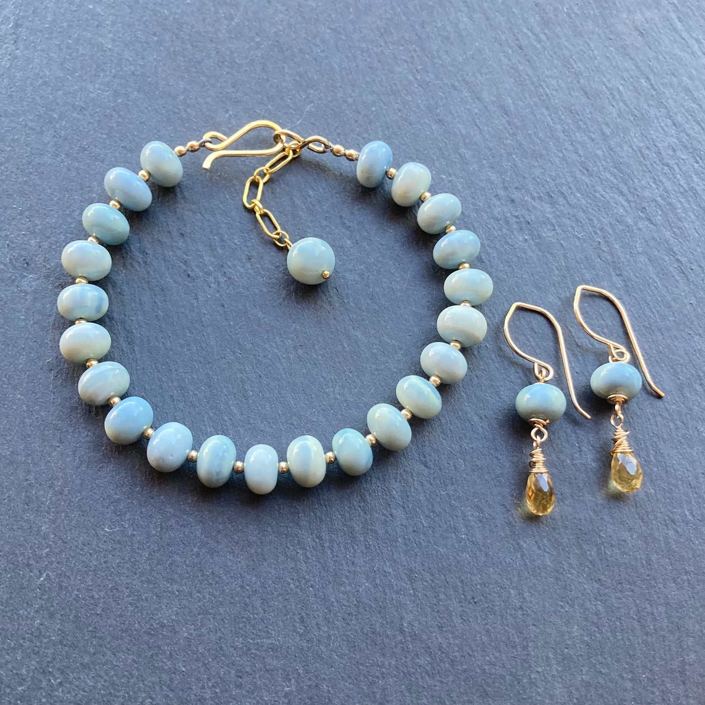Owyhee Blue Opal, Citrine & Gold Earrings