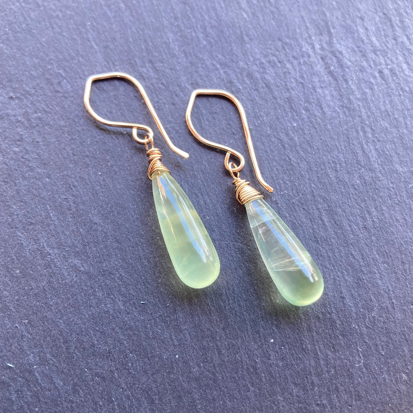 Prehnite & Gold Long Drop Earrings