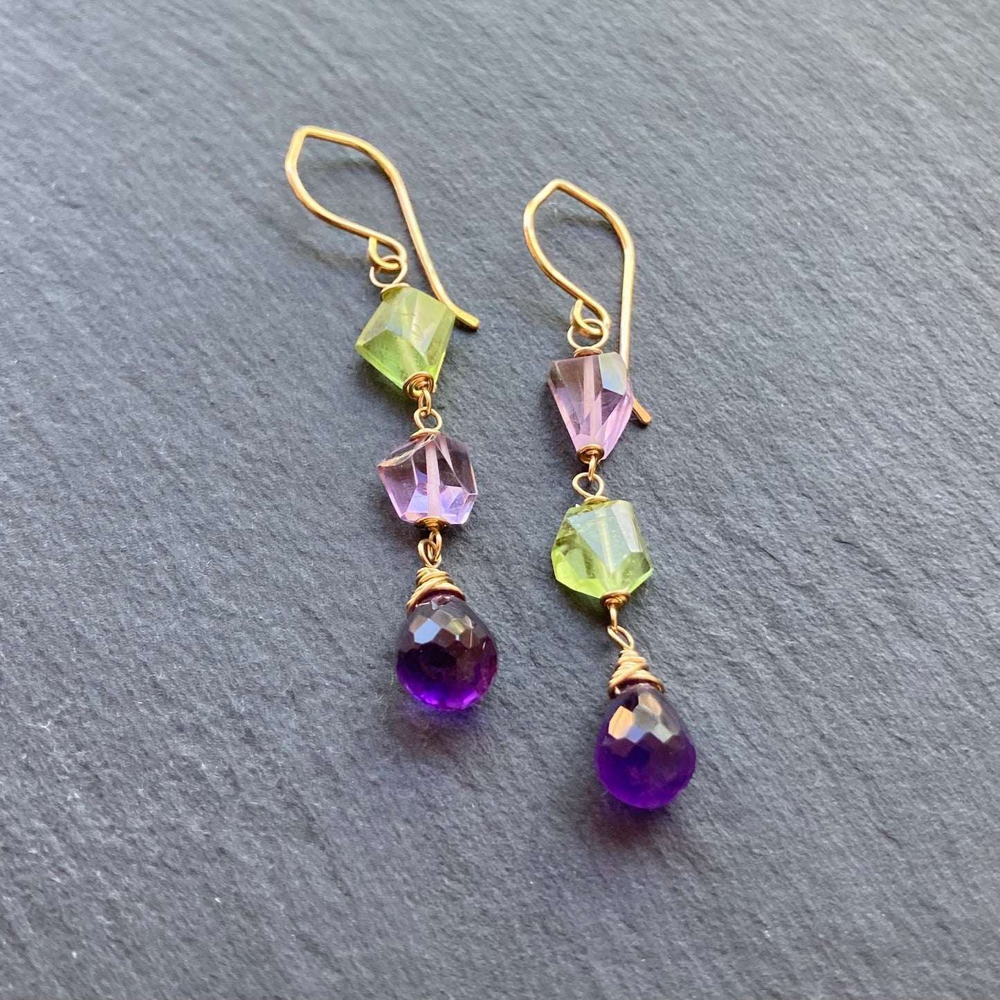 Amethyst, Peridot & Gold Long Drop Earrings