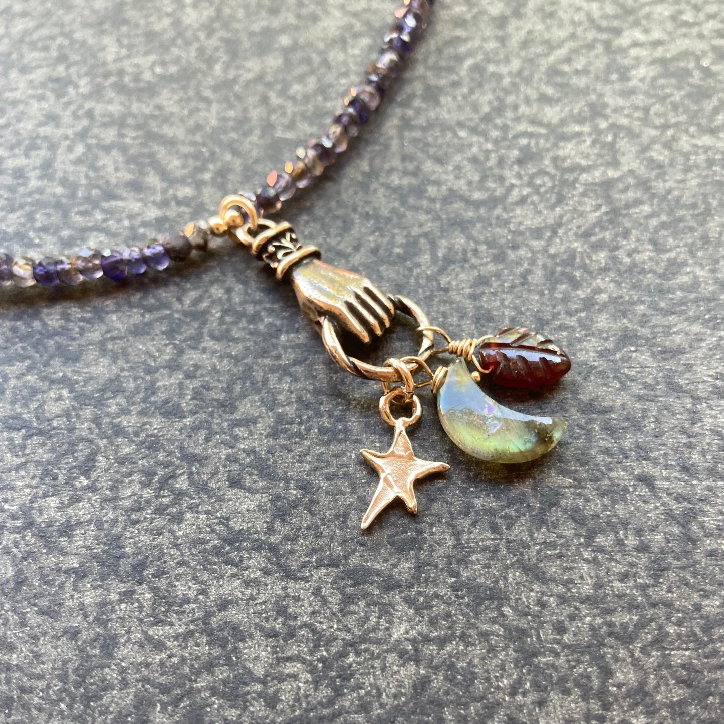 Iolite, Garnet, Gold & Bronze Earth Amulet Charm Choker