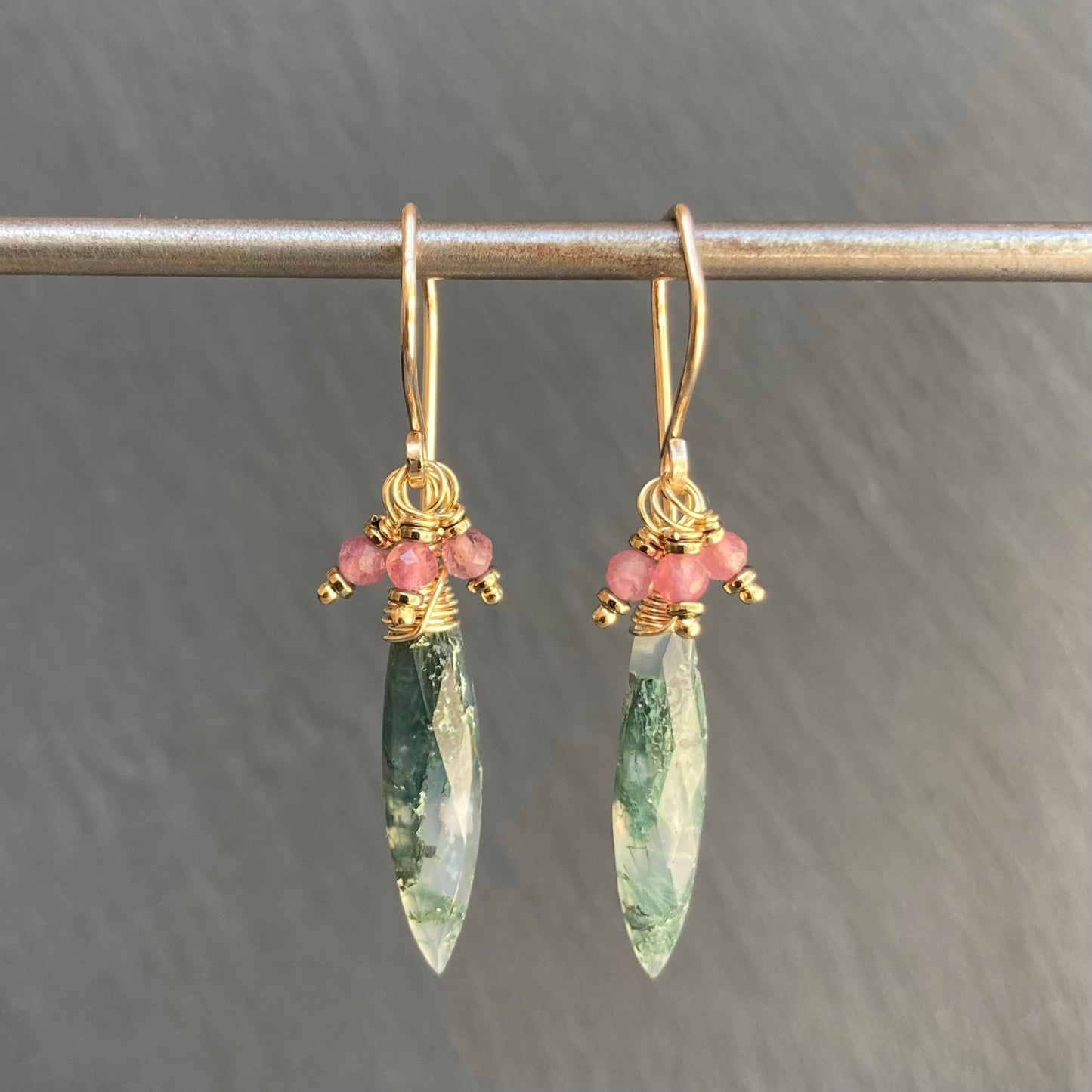 Moss Agate, Pink Tourmaline & Gold Marquis Earrings