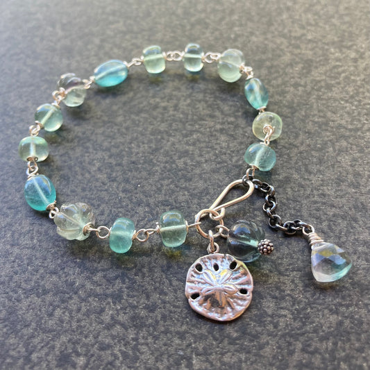 Green Fluorite & Sterling Silver Sand Dollar Charm Bracelet