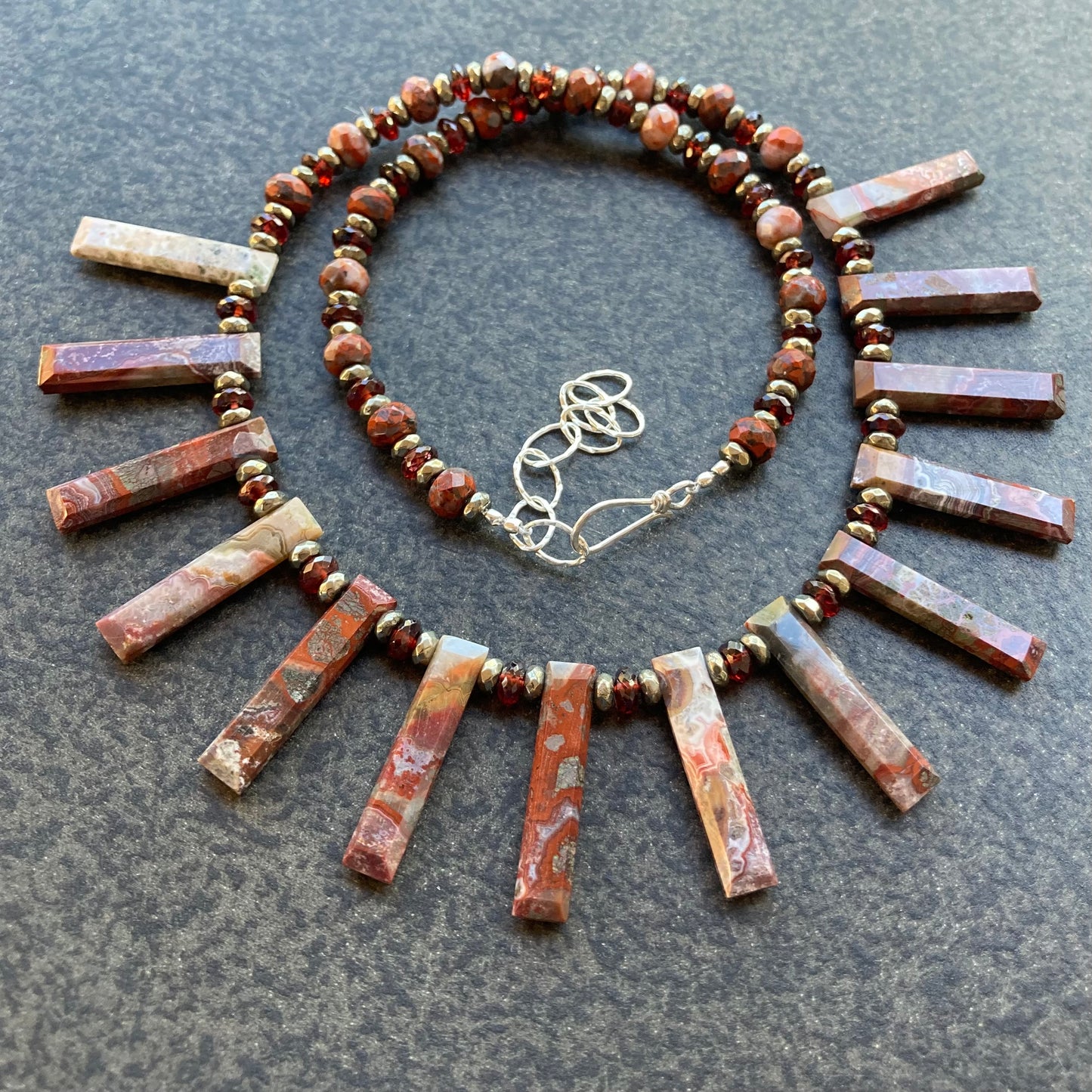 Crazy Lace Agate, Mozambique Garnet & Pyrite Necklace