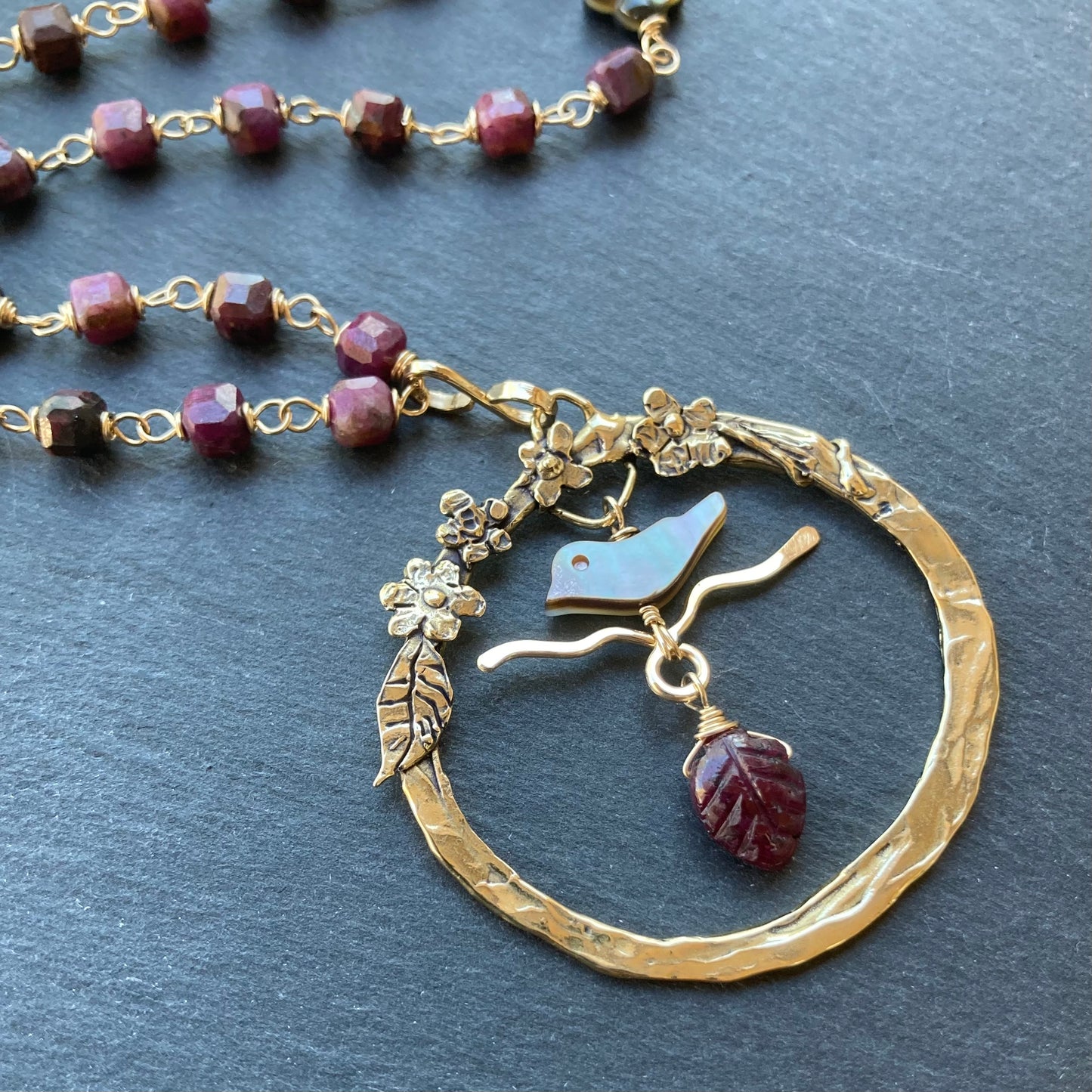 Natural Ruby, Black Mother of Pearl, Gold & Bronze Blossoming Plum Pendant Necklace